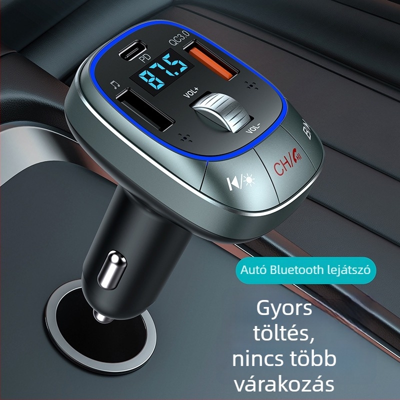 Autóba szóló Bluetooth MP3 lejátszó FM adóval, PD 30W QC3.0 gyorstöltés, USB+PD interfész, 12-24V autótápellátás, monokróm kijelző