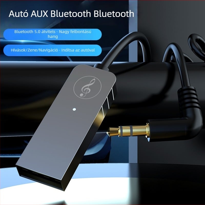 Autó Bluetooth vevő AUX-kal, Bluetooth 5.0, Plug‑and‑Play, USB/3.5 mm interfész, 10 m hatótávolság, D08 modell