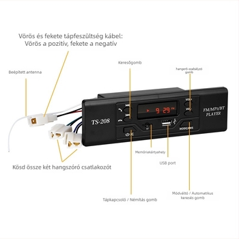 Ts208 Bluetooth autó MP3 lejátszó FM rádióval, 12V tápegység, ABS ház, 800 g, memória nélkül