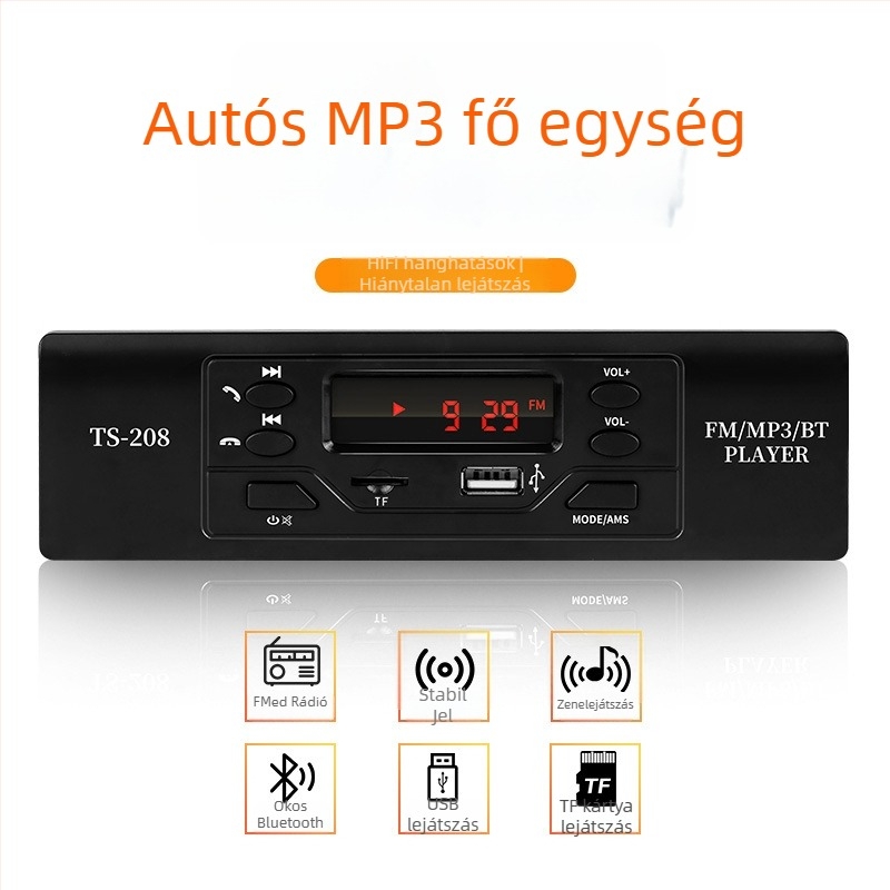 Ts208 Bluetooth autó MP3 lejátszó FM rádióval, 12V tápegység, ABS ház, 800 g, memória nélkül
