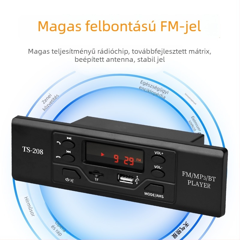 Ts208 Bluetooth autó MP3 lejátszó FM rádióval, 12V tápegység, ABS ház, 800 g, memória nélkül
