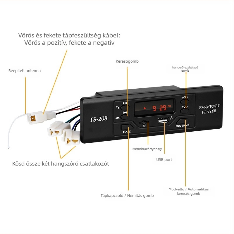 Ts208 Bluetooth autó MP3 lejátszó FM rádióval, 12V tápegység, ABS ház, 800 g, memória nélkül