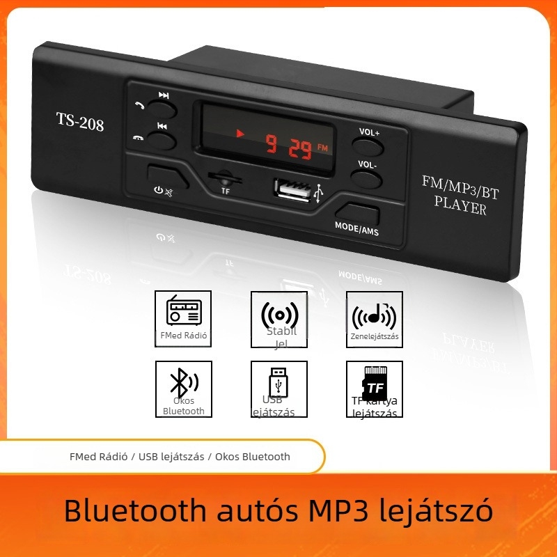 Ts208 Bluetooth autó MP3 lejátszó FM rádióval, 12V tápegység, ABS ház, 800 g, memória nélkül