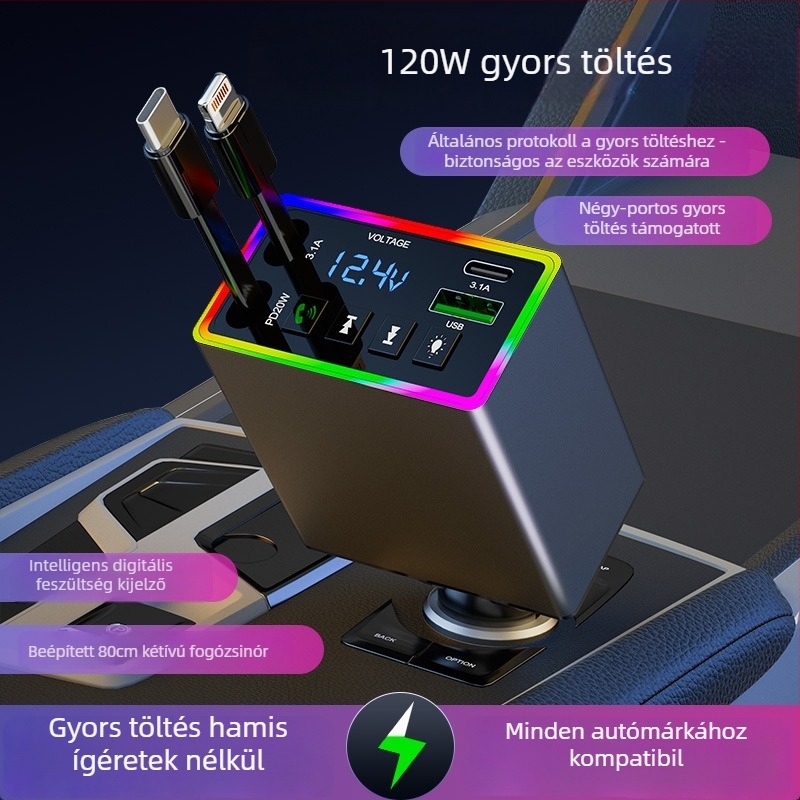 M38 autós töltő USB Bluetooth vevővel, 12–24V, USB interfész, FM funkció