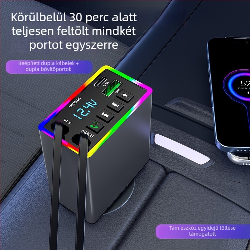 M38 autós töltő USB Bluetooth vevővel, 12–24V, USB interfész, FM funkció