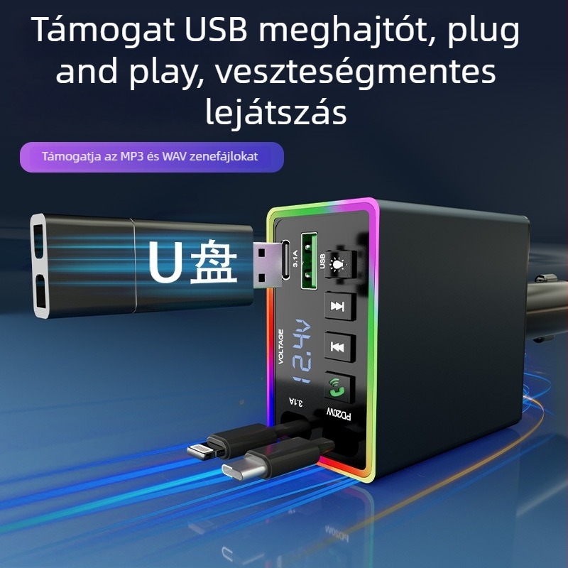M38 autós töltő USB Bluetooth vevővel, 12–24V, USB interfész, FM funkció