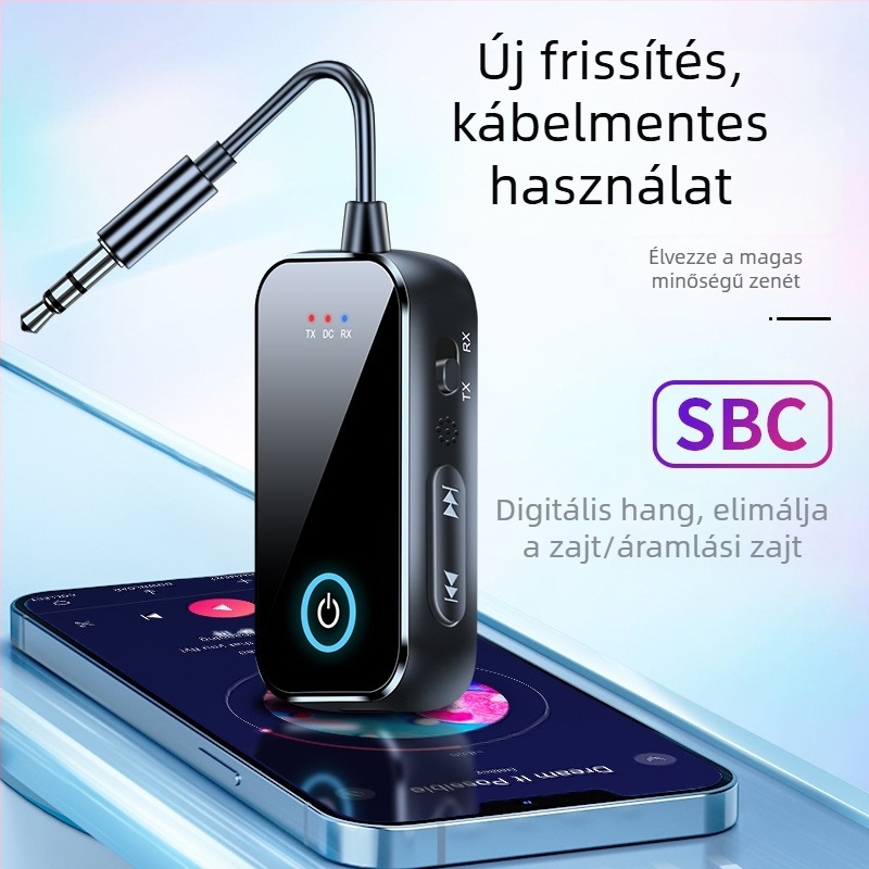2-in-1 Bluetooth 5.4 audió vevő és adó, 3,5 mm AUX, Plug-and-Play, 10 m hatótávolság, hands-free hívások autóhoz és otthonhoz