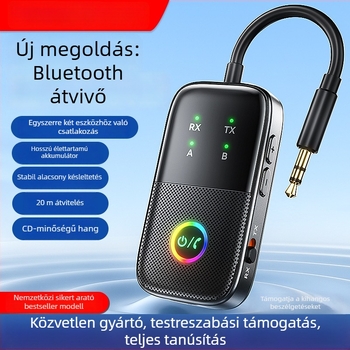 Bluetooth vevő és adó 2 az 1-ben autó AUX-hoz, hands-free hangadapter, modell A5 Pro, interfész: 3,5 mm/Type-C, Bluetooth 5.2, Plug-and-Play, külső tápegység, 20 m hatótávolság