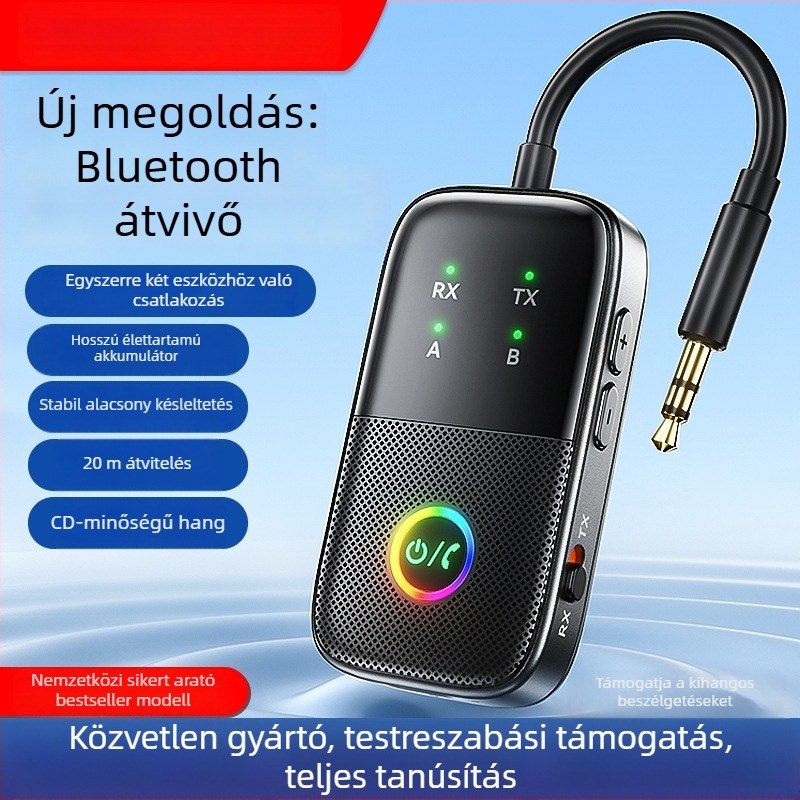 Bluetooth vevő és adó 2 az 1-ben autó AUX-hoz, hands-free hangadapter, modell A5 Pro, interfész: 3,5 mm/Type-C, Bluetooth 5.2, Plug-and-Play, külső tápegység, 20 m hatótávolság