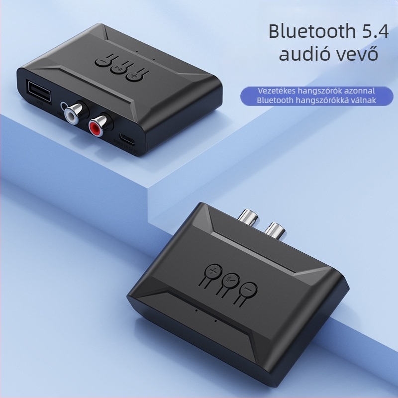 Autós Bluetooth zenei vevő kihangosítással, USB-s zenei lejátszás; Bluetooth 5.4, interfészek: 3,5 mm, RCA, USB; plug‑and‑play, külső tápegység, hatótáv 5 m