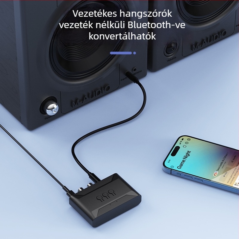 Autós Bluetooth zenei vevő kihangosítással, USB-s zenei lejátszás; Bluetooth 5.4, interfészek: 3,5 mm, RCA, USB; plug‑and‑play, külső tápegység, hatótáv 5 m