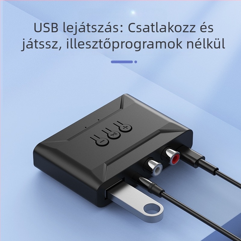 Autós Bluetooth zenei vevő kihangosítással, USB-s zenei lejátszás; Bluetooth 5.4, interfészek: 3,5 mm, RCA, USB; plug‑and‑play, külső tápegység, hatótáv 5 m