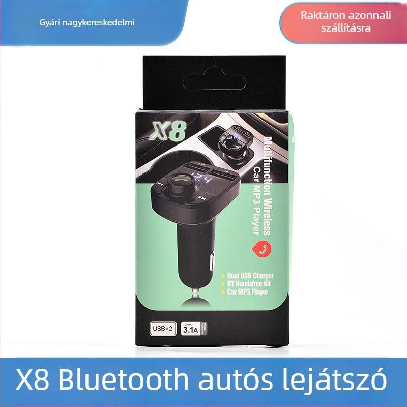 X8 Bluetooth autó MP3 lejátszó, kettős USB töltéssel és FM átjátszóval, 12V gyújtózsinóros tápegység