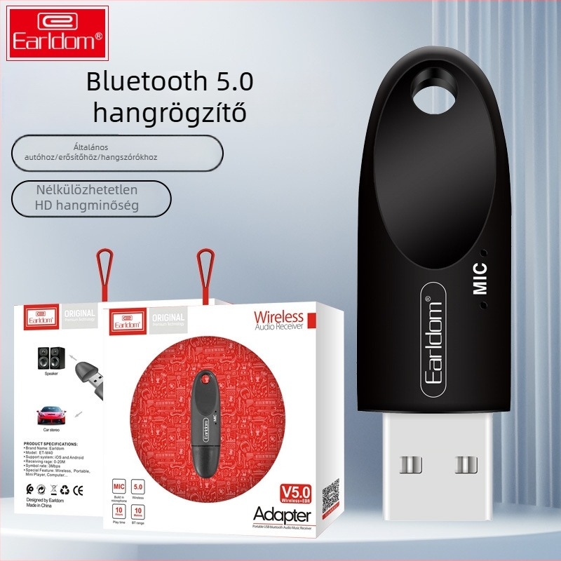 Earldom M40 Bluetooth-vevő USB-hez, Plug‑and‑Play autóhoz, kihangosító beszélgetések, Bluetooth 5.0, 10 m hatótáv