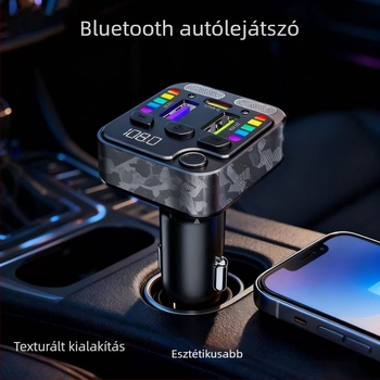 Autóba töltő MP3 lejátszóval és Bluetooth kihangosítóval, ABS tok, bemenet 12–24V, rögzítés a szivargyújtóba, Bluetooth kimenet