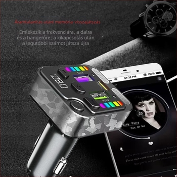 Autóba töltő MP3 lejátszóval és Bluetooth kihangosítóval, ABS tok, bemenet 12–24V, rögzítés a szivargyújtóba, Bluetooth kimenet