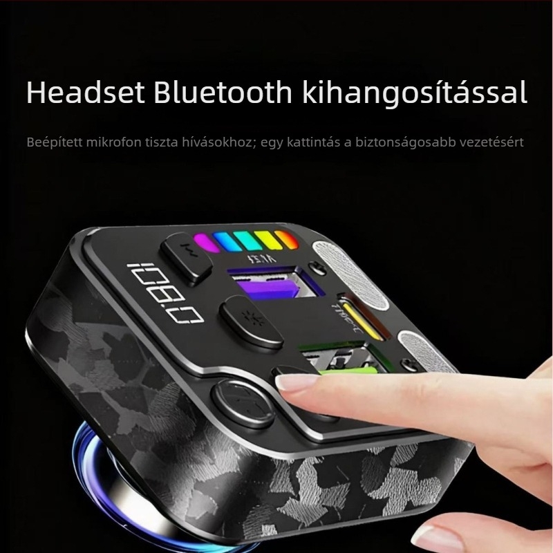 Autóba töltő MP3 lejátszóval és Bluetooth kihangosítóval, ABS tok, bemenet 12–24V, rögzítés a szivargyújtóba, Bluetooth kimenet