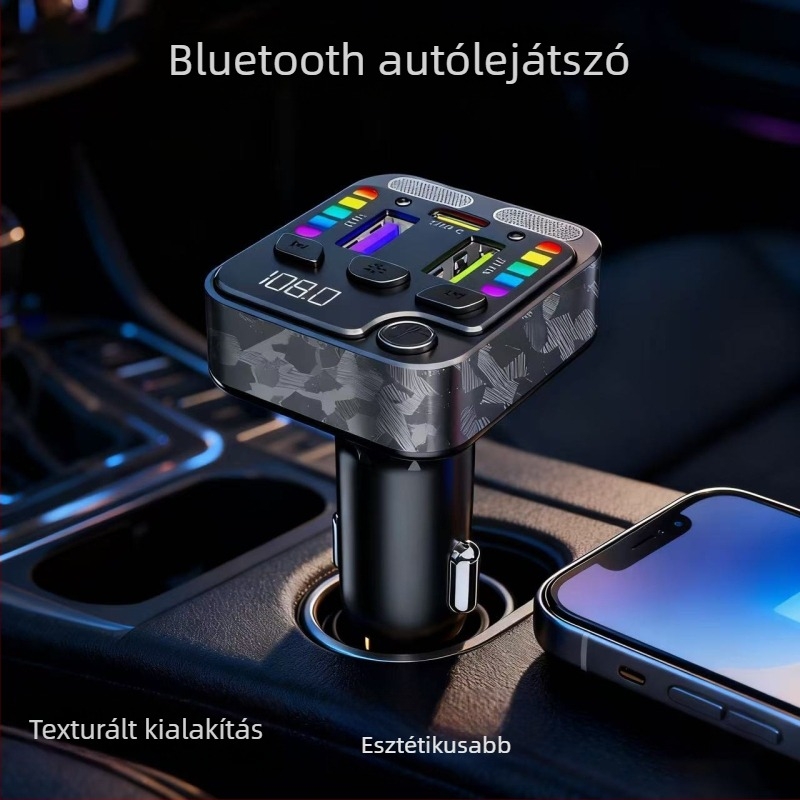 Autóba töltő MP3 lejátszóval és Bluetooth kihangosítóval, ABS tok, bemenet 12–24V, rögzítés a szivargyújtóba, Bluetooth kimenet