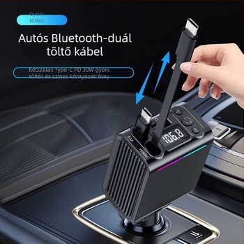 Autós Bluetooth MP3 lejátszó FM adóval, PD gyors töltésű USB töltő, kihúzható dupla kábel, szivargyújtó adapter