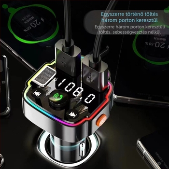 Q8 autós MP3 lejátszó Bluetooth kihangosítással, FM átjátszó, kártya slot, USB PD gyors töltés, 12–24V autó tápegység