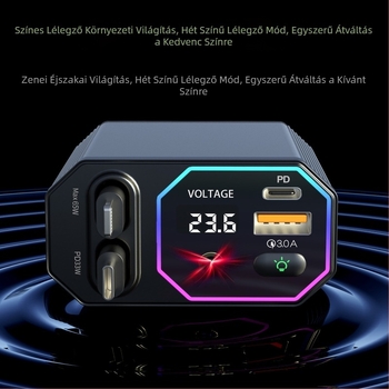 A26 autós töltő csillagos ég világító kijelzővel, 120W, kihúzható kábel, USB, 12-24V
