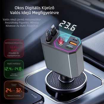 A26 autós töltő csillagos ég világító kijelzővel, 120W, kihúzható kábel, USB, 12-24V