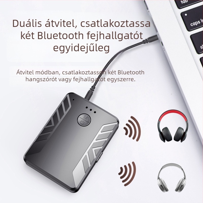 Autóba szánt Bluetooth 5.0 audio adó-vevő, USB és 3,5 mm-es interfész, Plug-and-Play, külső tápellátás nélkül, egy–kettő vezeték nélküli átvitel, Hi‑Fi hangminőség