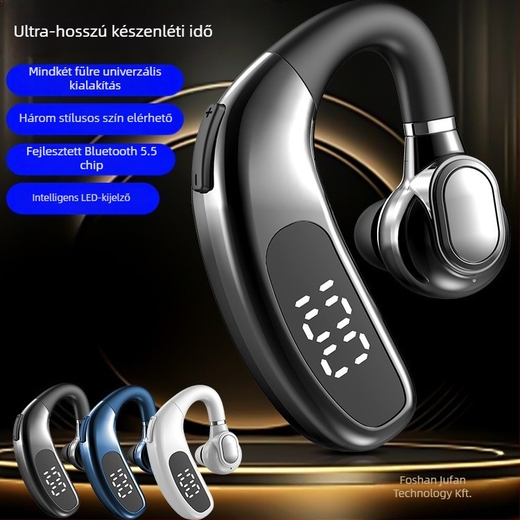 Vezetési célú egy fülre illeszkedő vezeték nélküli Bluetooth fülhallgató, fülhurokkal, Huawei chip, BT 2.0, akkumulátor kijelző