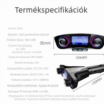 BT06 autó MP3 Bluetooth FM átjátszó dot matrix kijelzővel és 2.1A gyors töltéssel