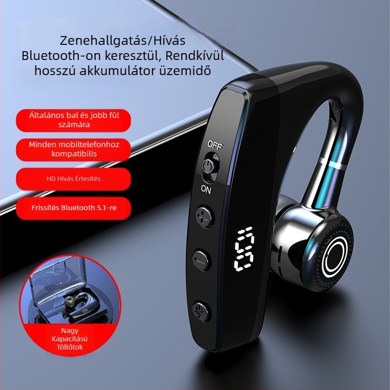 Egyoldalas Bluetooth fejhallgató digitális kijelzővel, Bluetooth 5.0, 10 m hatótávolság, 4–8 órás akkumulátor, fülre rögzített sportos fejhallgató