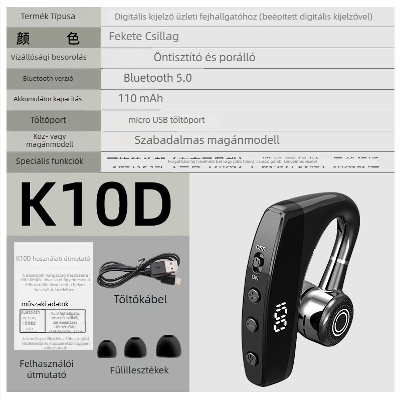 Egyoldalas Bluetooth fejhallgató digitális kijelzővel, Bluetooth 5.0, 10 m hatótávolság, 4–8 órás akkumulátor, fülre rögzített sportos fejhallgató