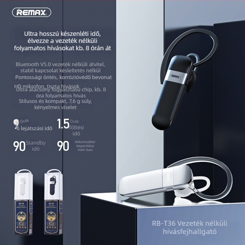 Remax vezeték nélküli Bluetooth fülhallgató fülhorgos dizájnnal, hívás- és zenei támogatás, Bluetooth 5.0, 10 m hatótáv, mono mód, akkumulátor élettartam akár 4 óra