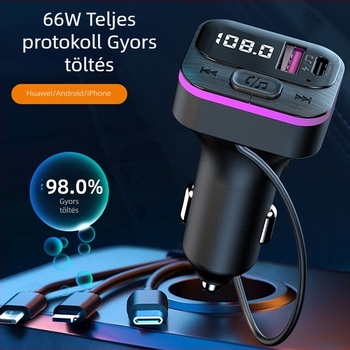 Autós MP3 lejátszó Bluetooth-kapcsolattal, hands-free hívásokkal, FM transmitterrel, 66W gyors töltés, USB interfész