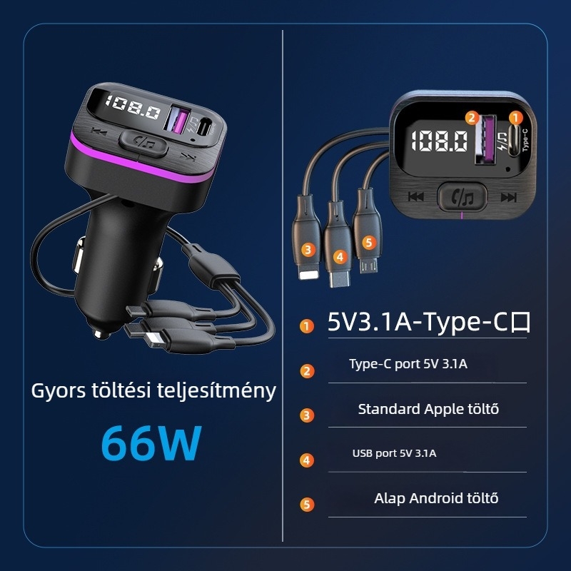 Autós MP3 lejátszó Bluetooth-kapcsolattal, hands-free hívásokkal, FM transmitterrel, 66W gyors töltés, USB interfész