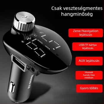 Autó FM transzmitter MP3 Bluetooth lejátszóval, 87,5–108 MHz, 20–20 kHz, torzítás <3%, hatótáv 5 m, 12–24 V