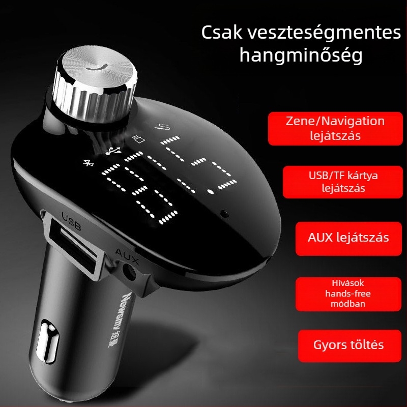 Autó FM transzmitter MP3 Bluetooth lejátszóval, 87,5–108 MHz, 20–20 kHz, torzítás <3%, hatótáv 5 m, 12–24 V