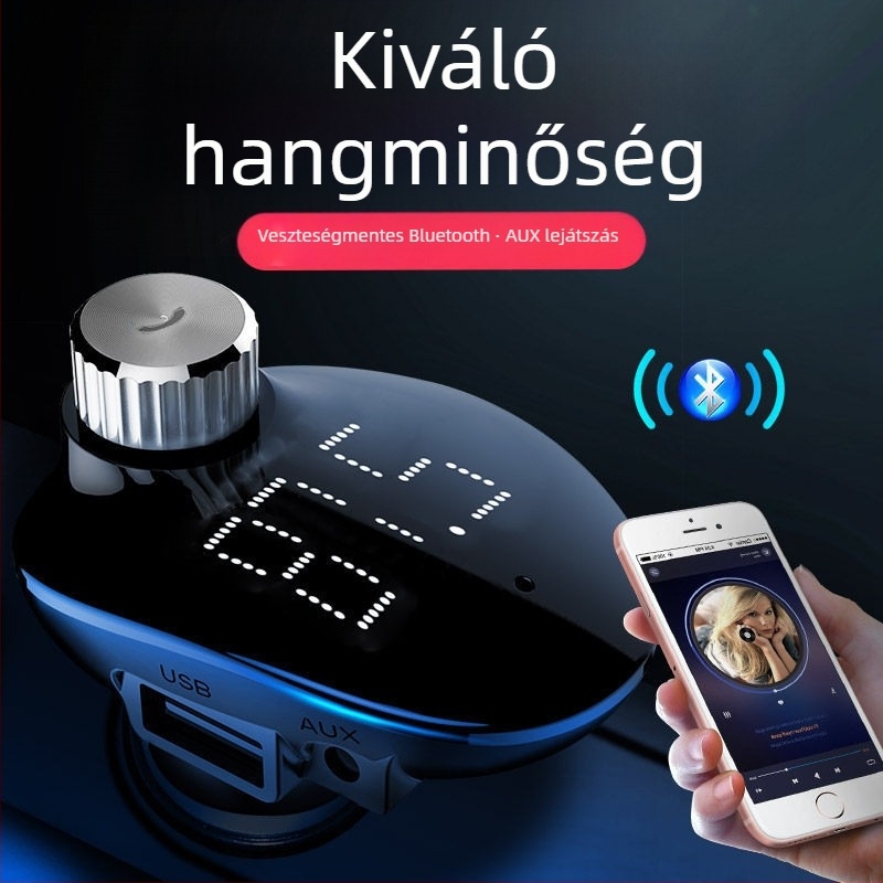 Autó FM transzmitter MP3 Bluetooth lejátszóval, 87,5–108 MHz, 20–20 kHz, torzítás <3%, hatótáv 5 m, 12–24 V