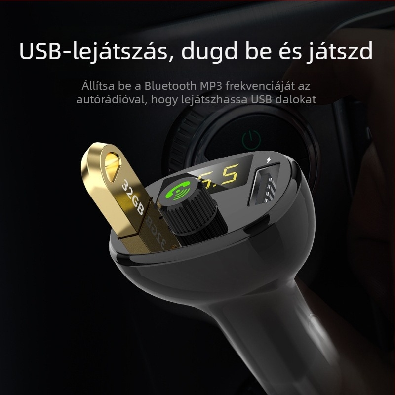 BT23 Bluetooth autós MP3-s hands-free lejátszó FM rádióval, USB töltés, cigarettagyújtó tápellátás, monokróm kijelző, 12-24V, memória nélkül