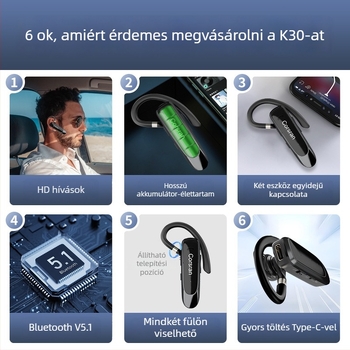 Bluetooth fülhallgató egy fülre, 10 m hatótávolság, >8 óra üzemidő, zajcsökkentés, hangvezérlés, Bluetooth 5.0