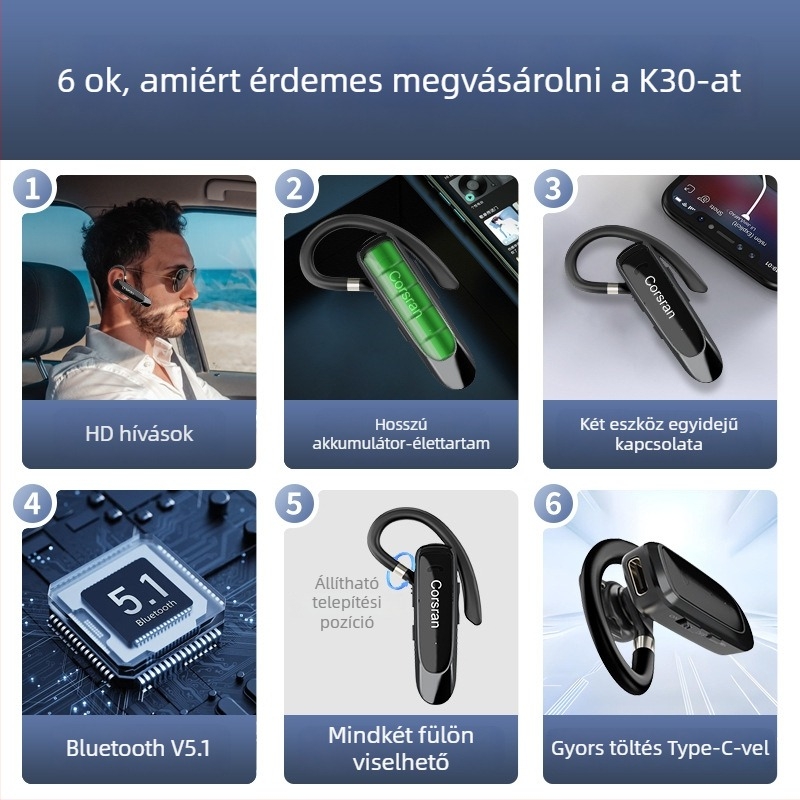 Bluetooth fülhallgató egy fülre, 10 m hatótávolság, >8 óra üzemidő, zajcsökkentés, hangvezérlés, Bluetooth 5.0