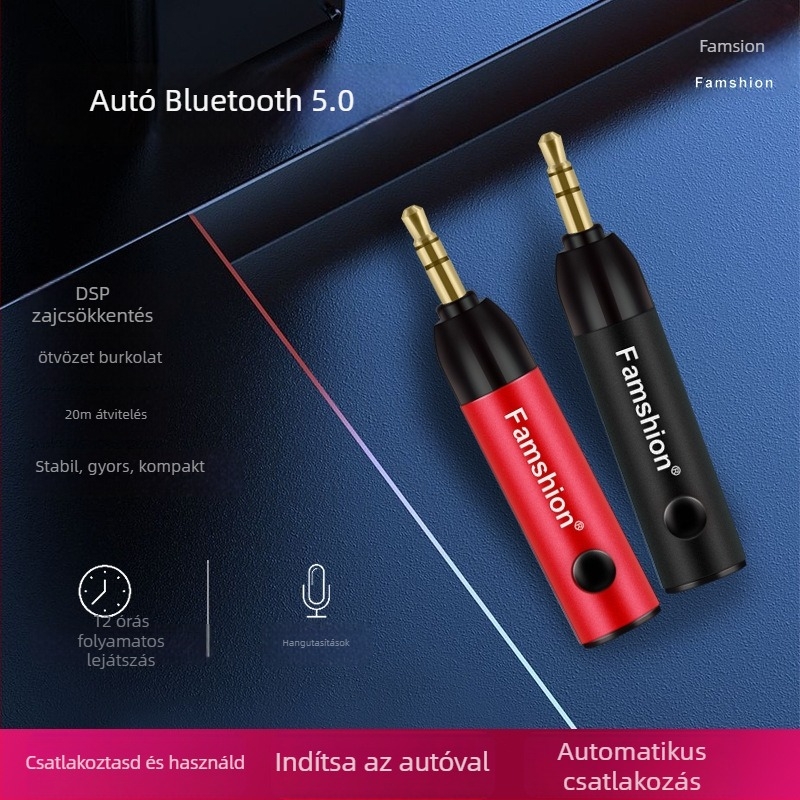 Autóba Bluetooth-vevő Hands-Free és AUX funkcióval, Bluetooth 5.0, 15 m hatótávolság, akár 4 órás üzemidő