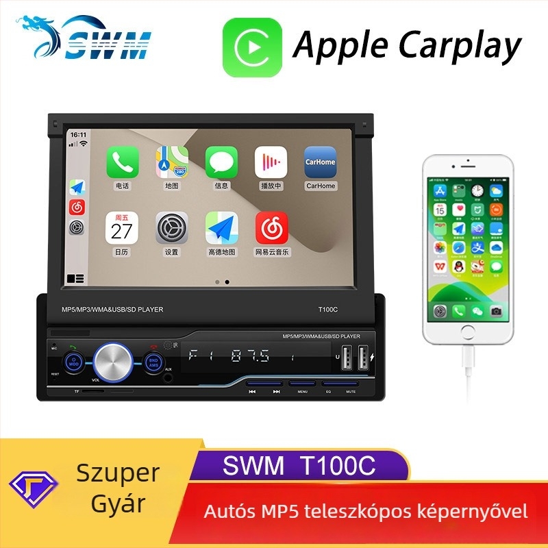 7 hüvelykes teleszkópos autós MP5 lejátszó kártyahellyel, Bluetooth kihangosító, MP4 mindent egyben CarPlay