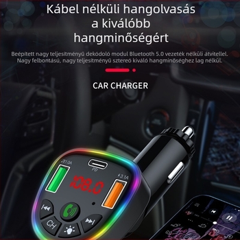 Autóba töltő Bluetooth MP3 lejátszóval – duál‑magos processzor, 18W gyors töltés, hands-free
