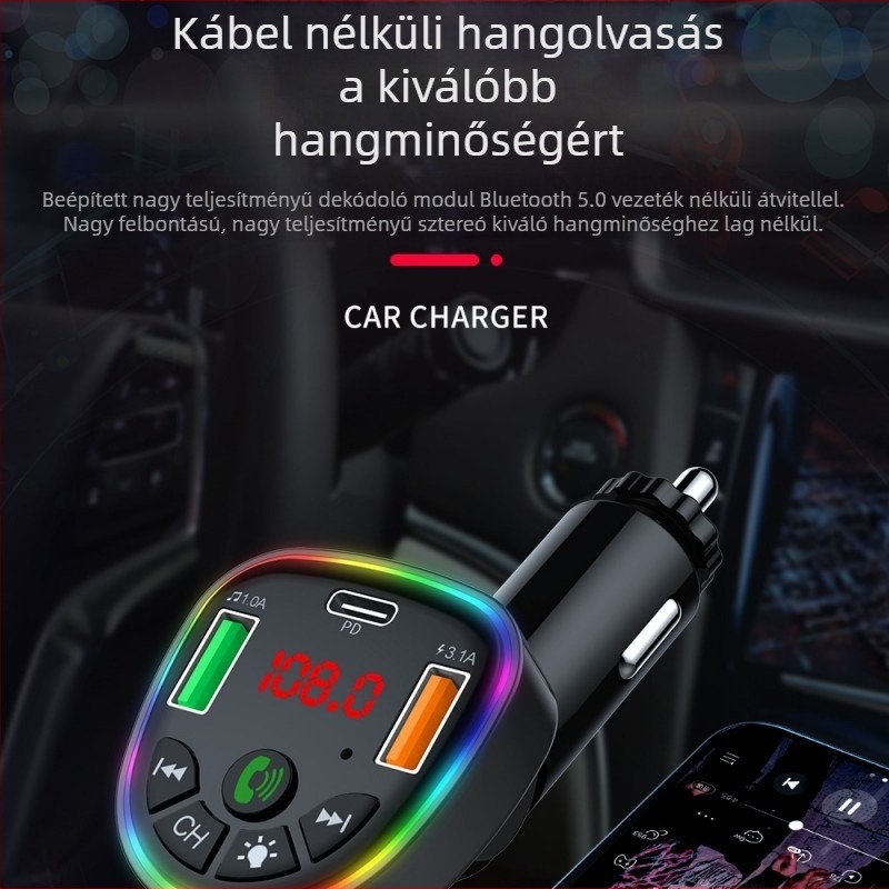 Autóba töltő Bluetooth MP3 lejátszóval – duál‑magos processzor, 18W gyors töltés, hands-free