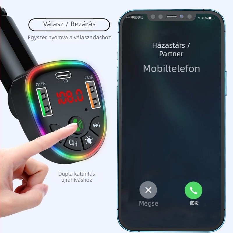 Autóba töltő Bluetooth MP3 lejátszóval – duál‑magos processzor, 18W gyors töltés, hands-free