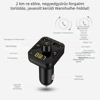 Autós MP3 Bluetooth lejátszó BT16 FM adóval, USB, 24 óra lejátszás, 12-24V