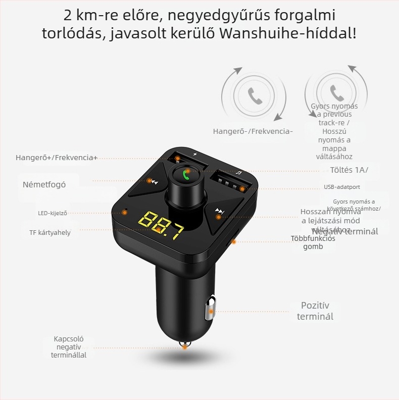 Autós MP3 Bluetooth lejátszó BT16 FM adóval, USB, 24 óra lejátszás, 12-24V