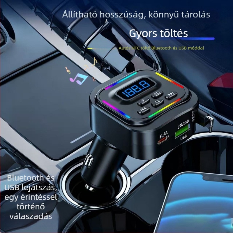 Autós töltő gyors töltéssel, kihúzható kábel, Bluetooth kihangosító, USB flash olvasó, FM feszültség kijelző