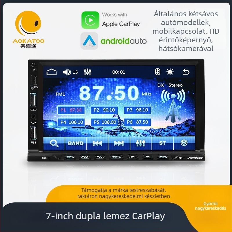 Androidos vezeték nélküli CarPlay DVD navigációs fejegység — Univerzális Dual-DIN, Aojiatu, 4x50W, ABS, 1kg