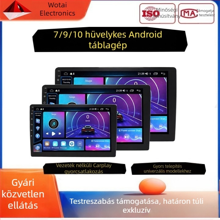 Autóba szerelt vezeték nélküli CarPlay kijelző, intelligens Bluetooth, HD navigáció, tolató kamera, Android.